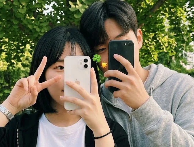 은행나무 아래에서 셀카 찍는 풋풋한 연인