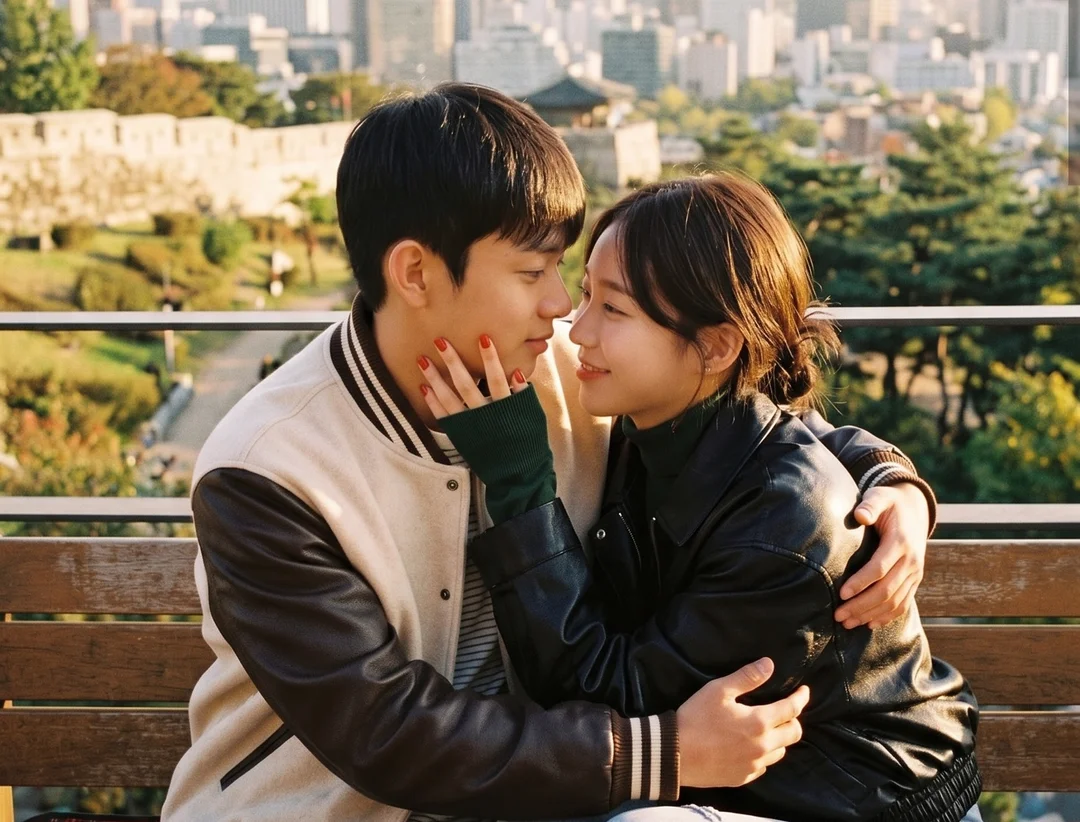 노을 진 성곽 벤치에서 마주 보는 연인